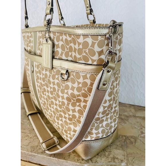 Vtg coach L diaper bag coated canvas/ leaher beige/gold tote shoulder bag F15184 - Picture 4 of 9